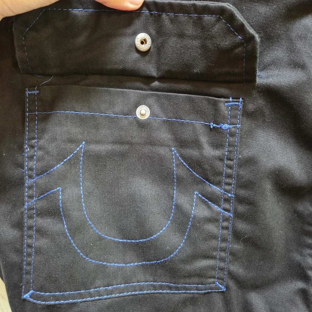 True Religion Mens‎ Cargo Pants Jet Black Pacific Blue Contrast Stitch 108335 36